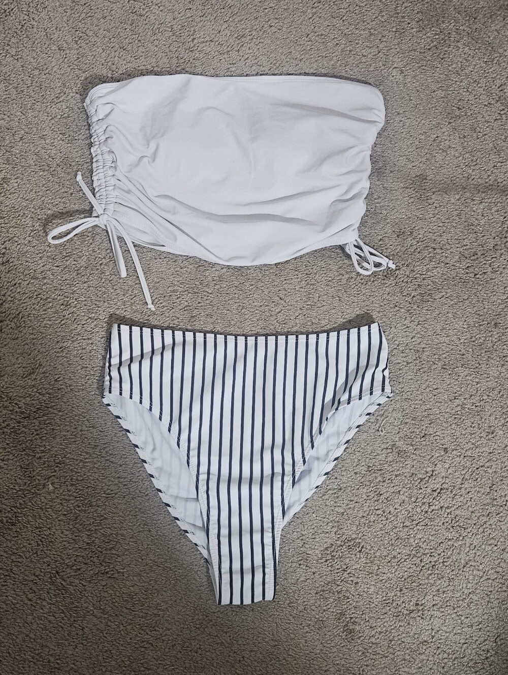 SHEIN White Bandeau Top with White and Black Striped High-Waist Bikini Bottoms
